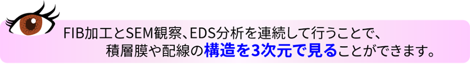 ポイント FIB加工とSEM観察、EDS分析を連続して行うことで、積層膜や配線の構造を3次元で見ることができます。