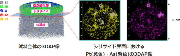 試料全体の3DAP像とシリサイド界面におけるPt(黄色)・As(紫色)の3DAP像