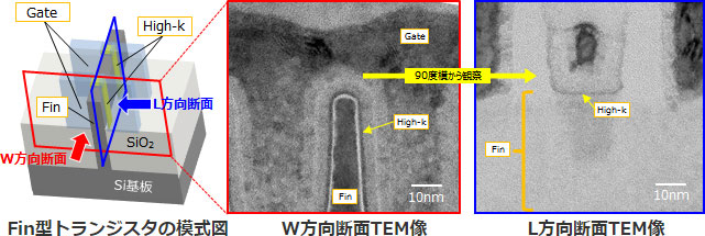 Fin型トランジスタの模式図、W方向断面TEM像、L方向断面TEM像