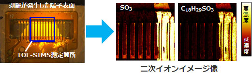 剥離が発生した端子表面と二次イオンイメージ像