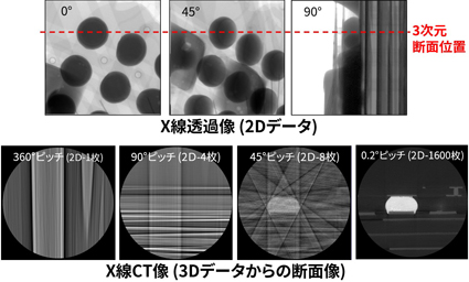X線透過像2次元(2D)データとX線CT3次元(3D)データ断面像